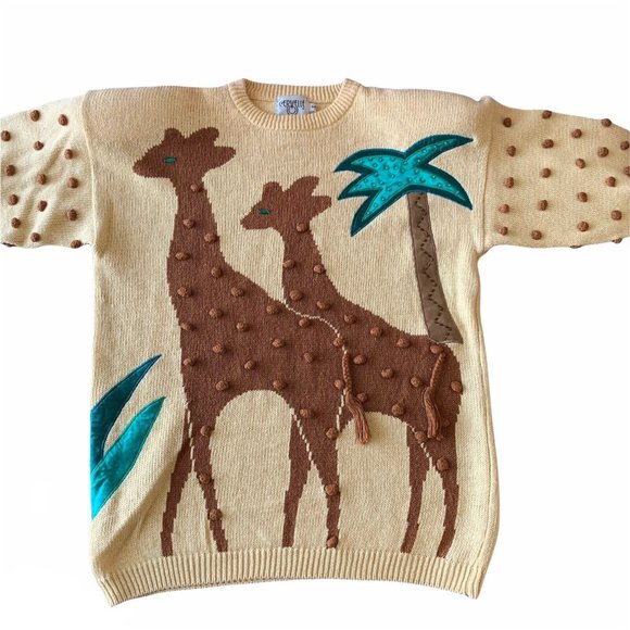 CERVELLE Sweaters - Vintage 80s Cervelle Giraffe Africa Safari Pom Pom Palm Tree Novelty Sweater M